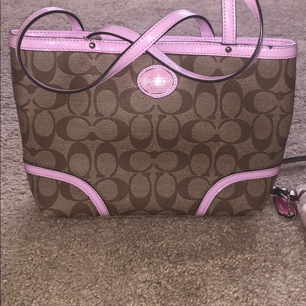 Pink and baby pink coach hand bag and wallet